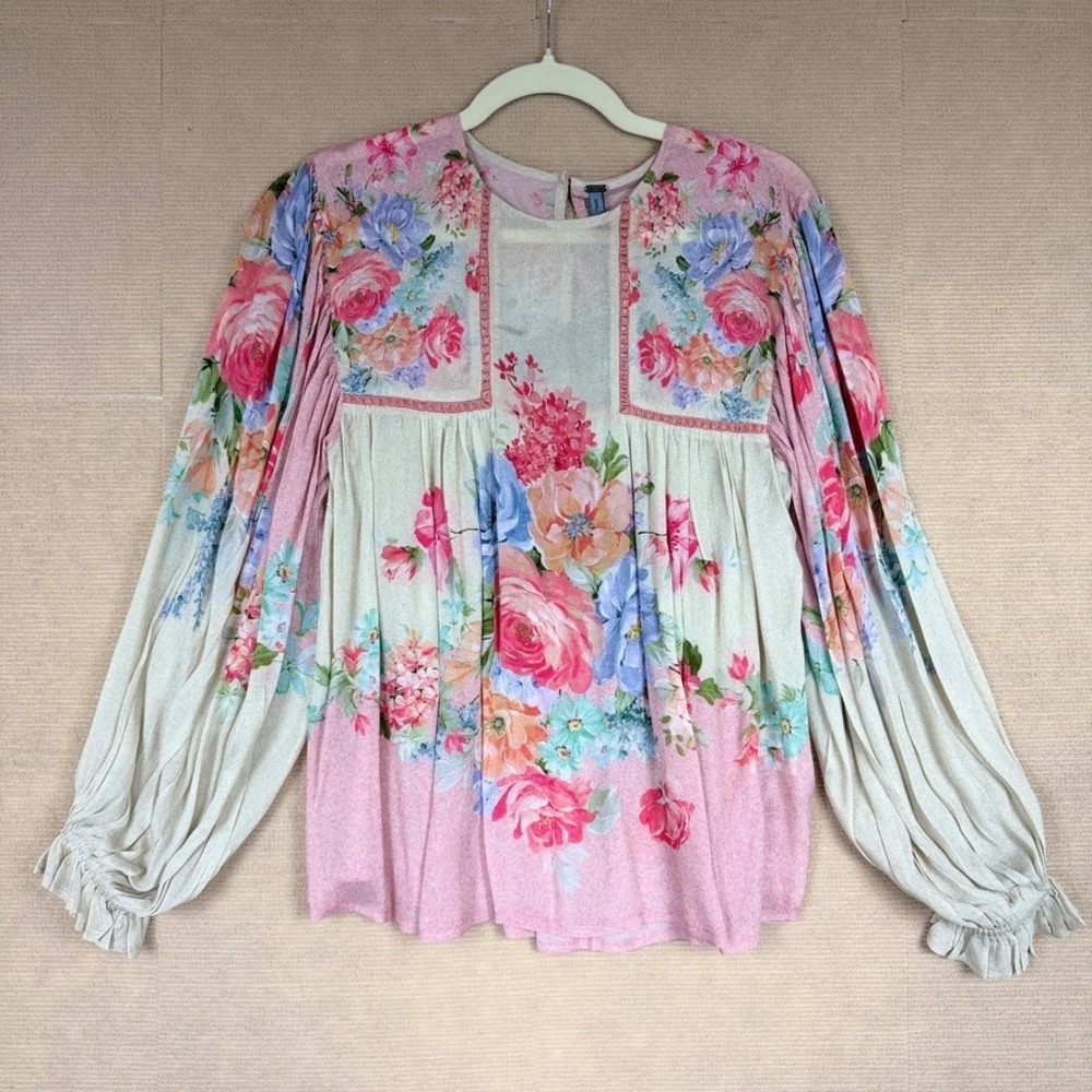Blank London Tiara Top Pink Floral Boho Balloon Sleeve Blouse Small NWT